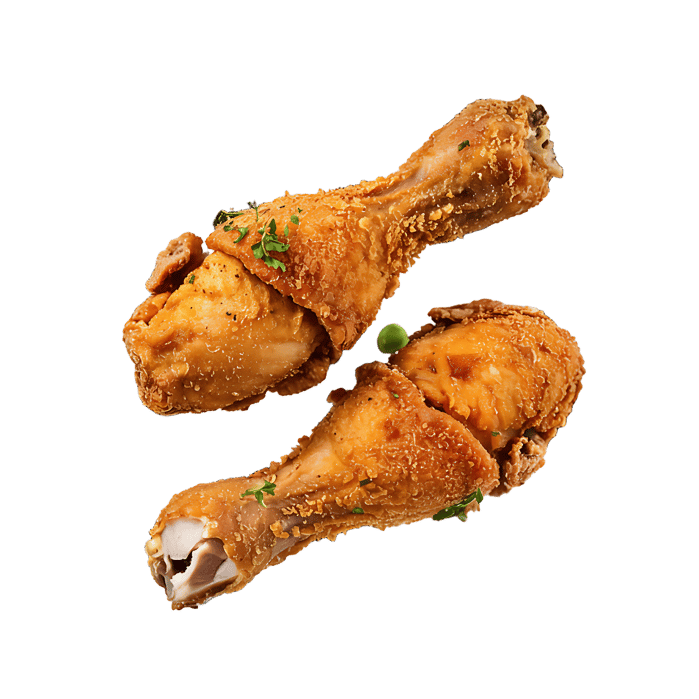 Two golden brown, crispy fried chicken drumsticks, seasoned and ready to eat.