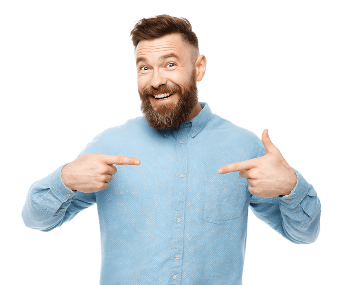 Happy man points at himself.
