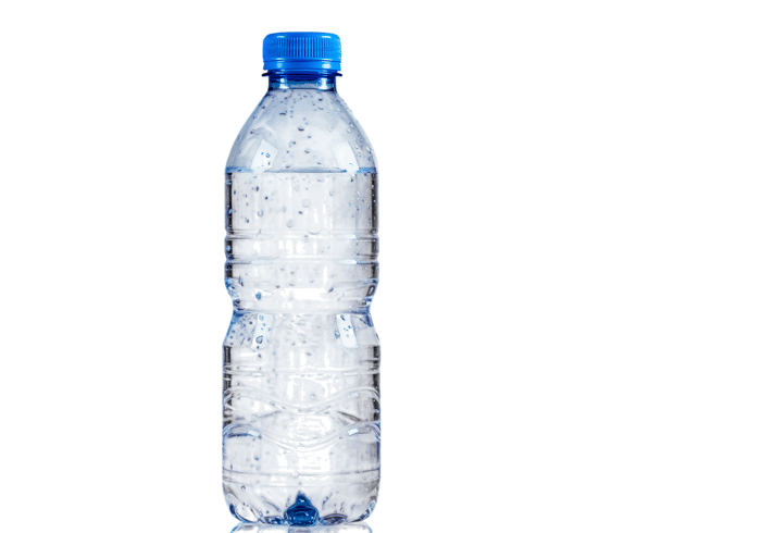 Blue plastic water bottle on black background