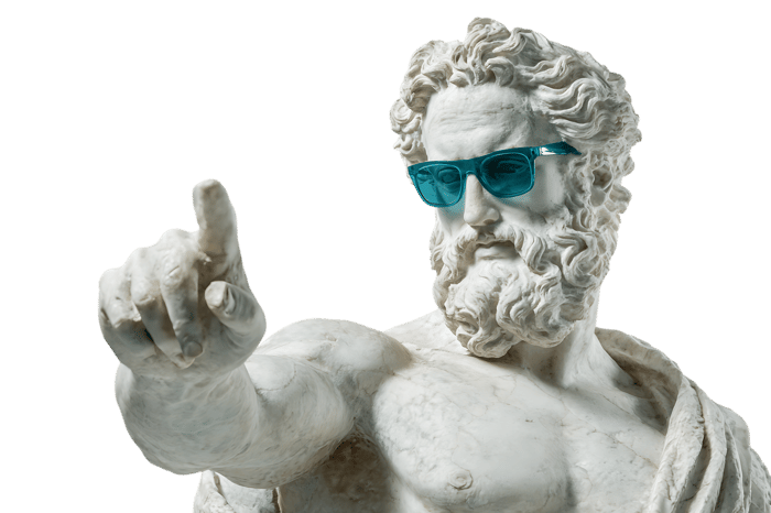 Close up of a marble statue of a Greek god wearing teal sunglasses, pointing finger.