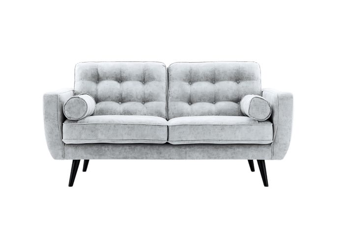 Stylish light grey two seater sofa with button tufting and dark wooden legs