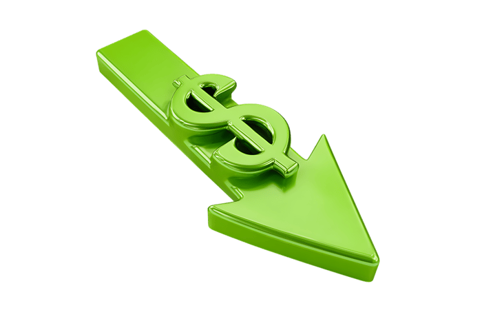 Green arrow pointing down with dollar sign.  Concept of falling prices, economic downturn.