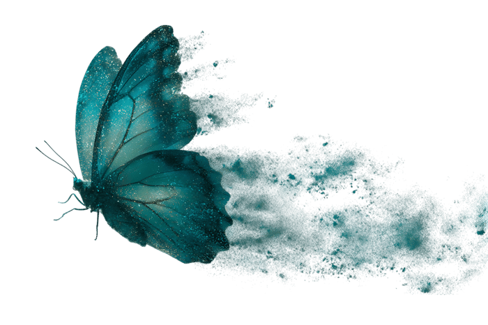 Abstract teal butterfly with trailing motion blur effect on black background.