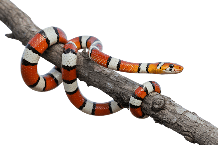 Scarlet kingsnake coiled on branch