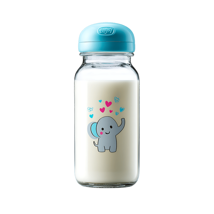 Glass baby bottle filled with milk, featuring a cute elephant design. Ideal for newborns and infants.