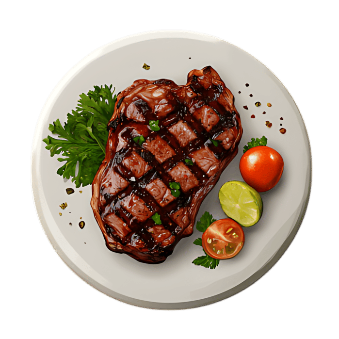 Grilled steak with cherry tomatoes and lime