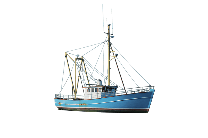 Blue commercial fishing boat on the water