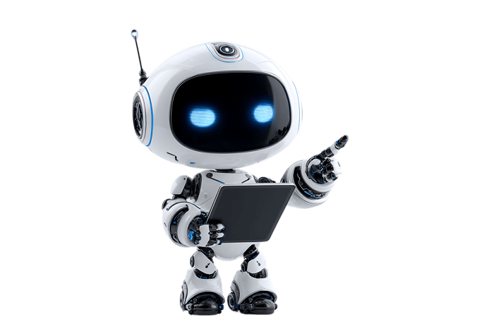 Cute robot holding a tablet and pointing