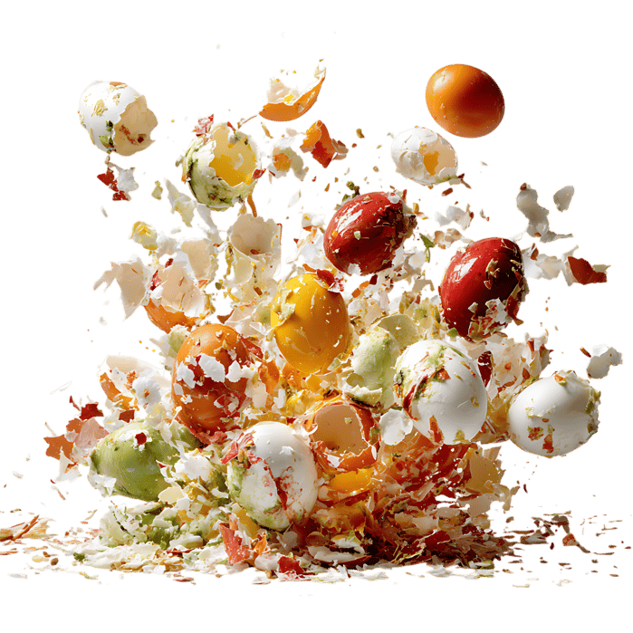 Colorful eggshells explode in mid-air.