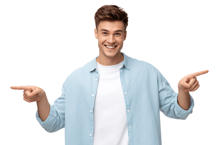 Smiling young man pointing both ways, choice concept.