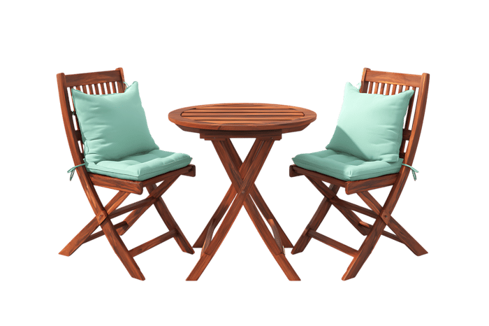 Wooden garden bistro set with teal cushions