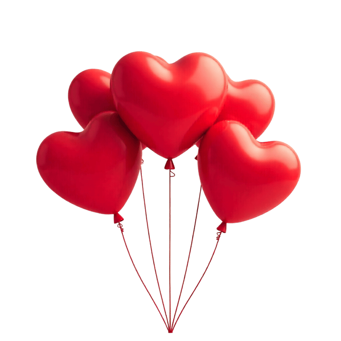 Red heart balloons floating against a dark background