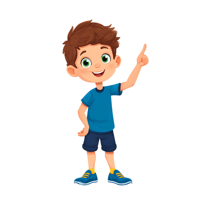 Happy cartoon boy pointing upwards with index finger.