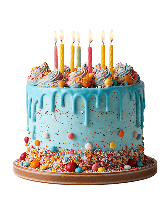 Festive birthday cake with colorful sprinkles and lit candles.