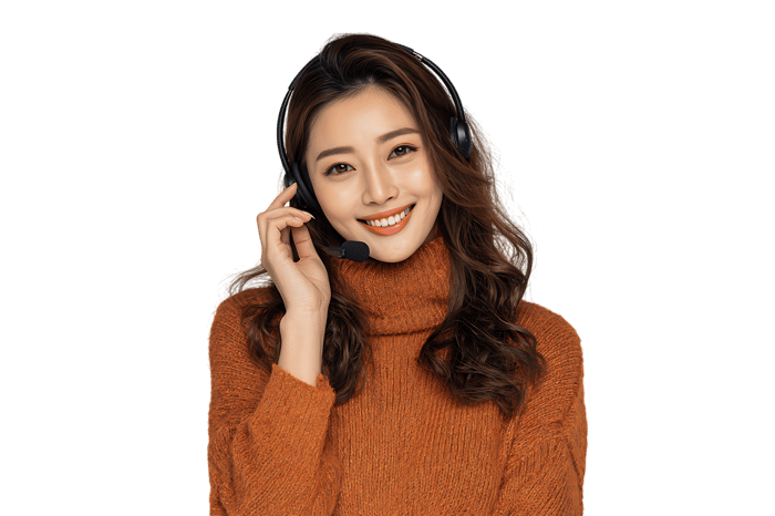 Smiling woman in headset, customer service agent.