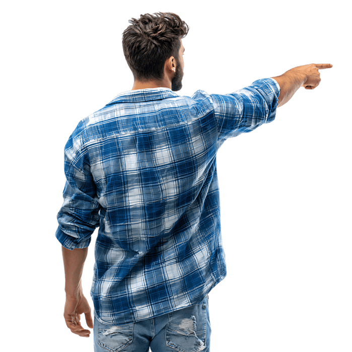 Rear view of man pointing, showing direction. Isolated on black.