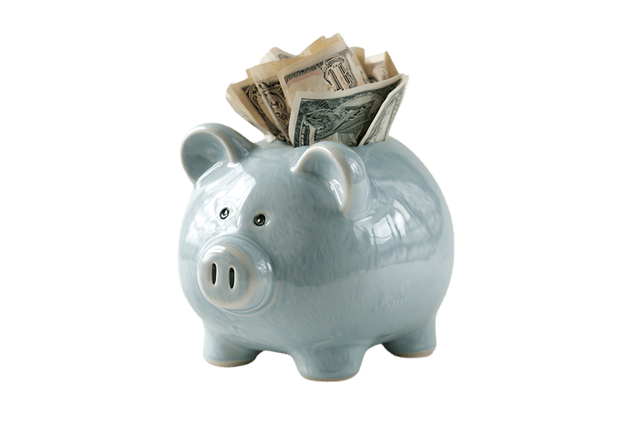Light blue piggy bank with dollar bills.