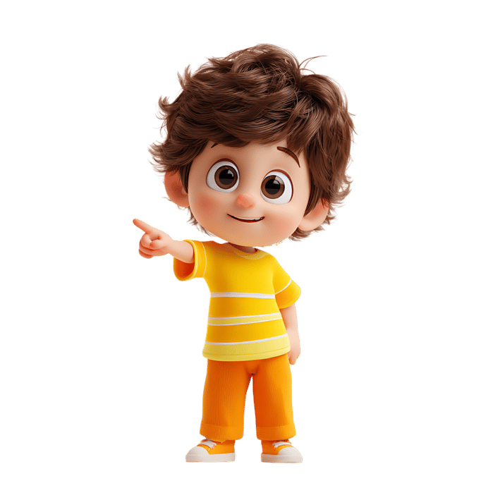 3D cartoon boy pointing his finger. Perfect for kids' content.