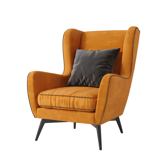 Orange armchair with dark gray cushion.