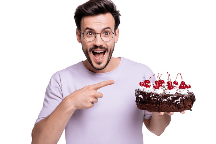 Man points at delicious chocolate cake