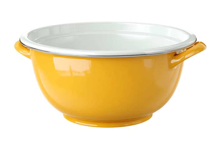 Vintage style enamel mixing bowl, yellow with white lid and handles.