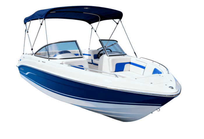 White and blue deck boat with canopy