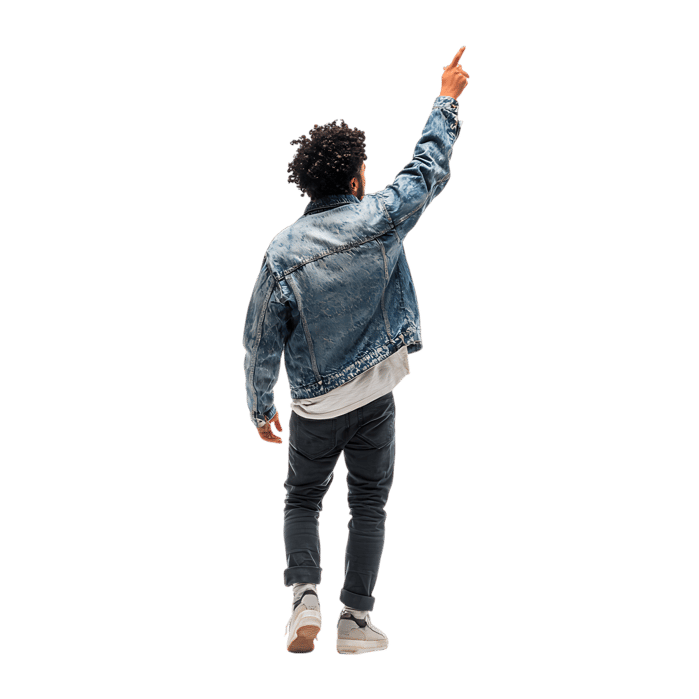 Man walking and pointing, seen from behind. Ideal for concepts of direction, leadership, and progress.