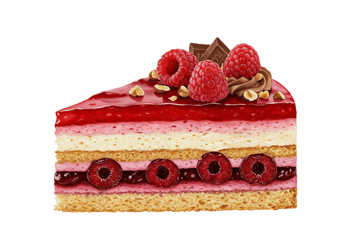 Delicious raspberry cake slice with chocolate and nuts