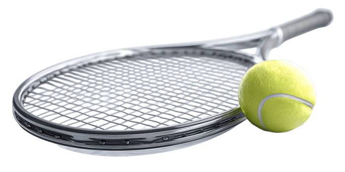 Close up of tennis racket and ball, water droplets on strings.