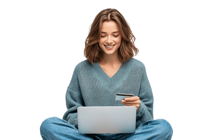 Happy woman shopping online with credit card.