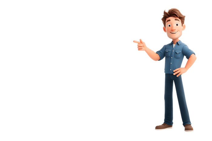 3d cartoon man pointing his finger to the side