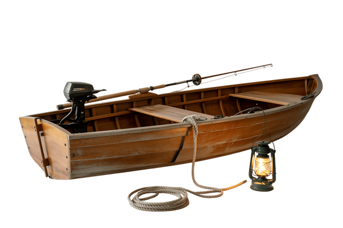 Vintage wooden fishing boat with motor, pole, rope and lantern
