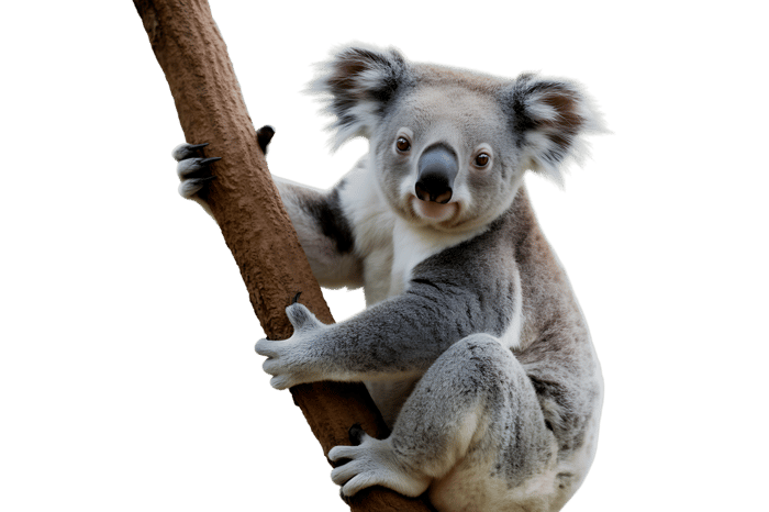 Adorable koala climbing a tree branch on transparent background
