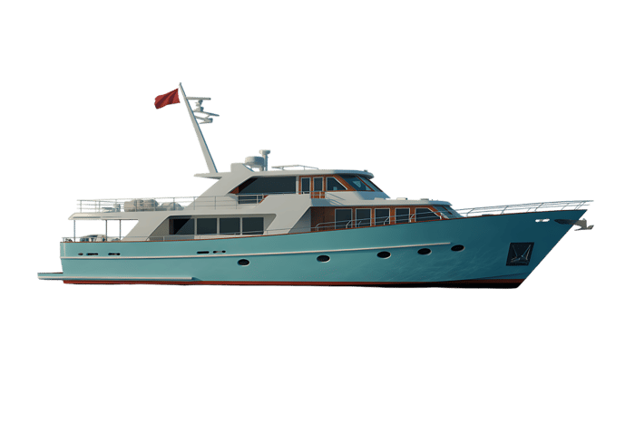 Blue and white luxury motor yacht on transparent background