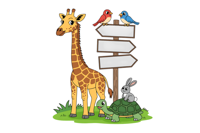 Cartoon giraffe, turtle, rabbit, and birds with signpost