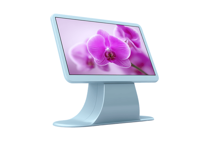 Stylish Point of Sale terminal showcasing beautiful orchid blossoms. Retail technology, floral design.