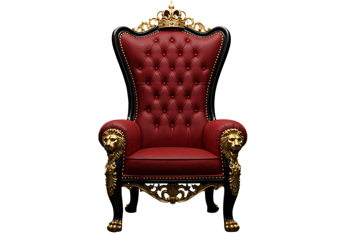 Red throne chair with golden accents and lion head armrests