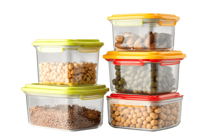 Colorful plastic containers for storing food.  Organized kitchen.