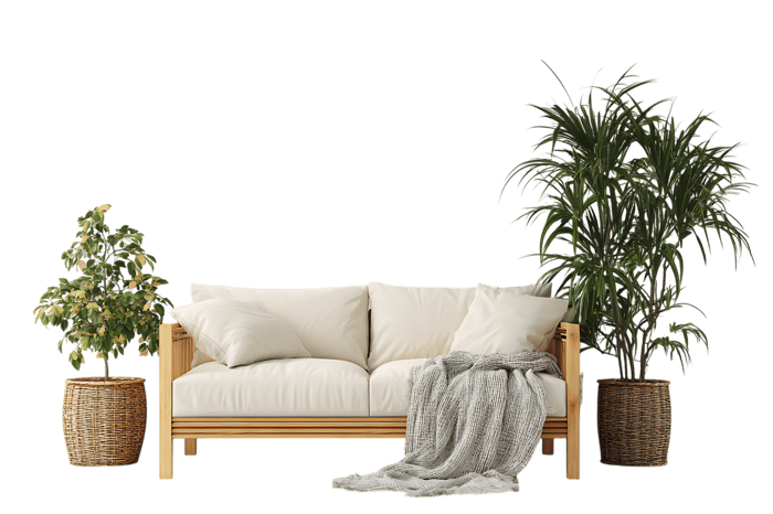 Modern living room interior with sofa and plants