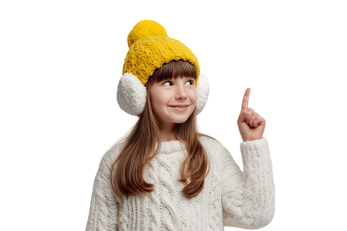 Cute girl in warm hat and earmuffs pointing upwards, suggesting an idea or direction.
