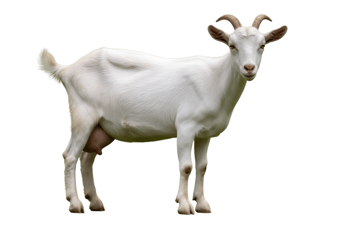 Standing white goat with horns on transparent background
