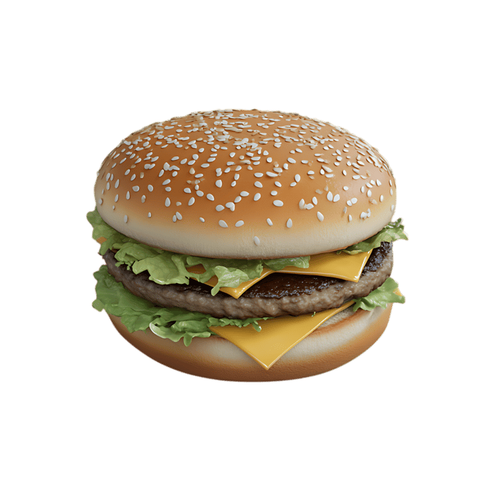 Juicy double cheeseburger with sesame bun.