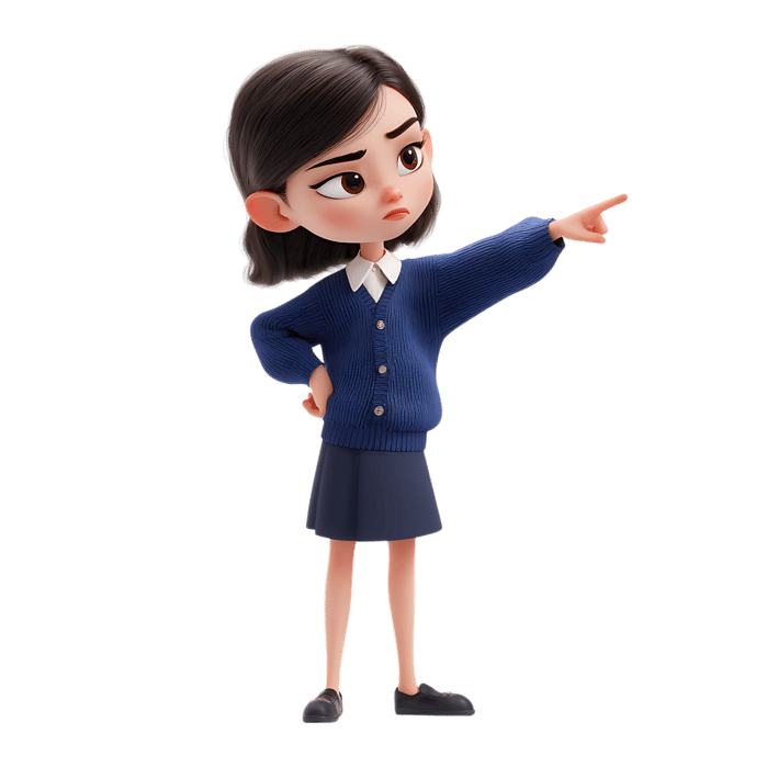 Stylized 3D cartoon girl pointing her finger. Perfect for educational or children's content.