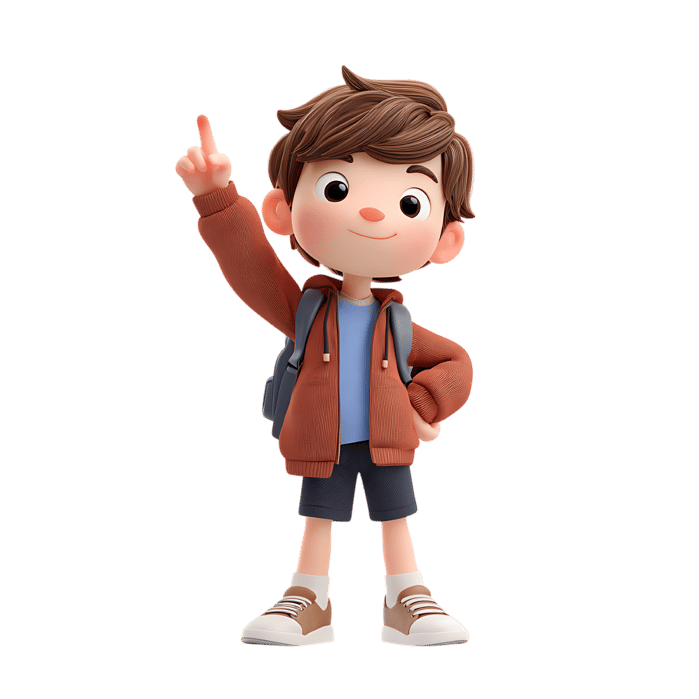 Cute 3D boy with backpack pointing up. Perfect for educational or back to school projects.