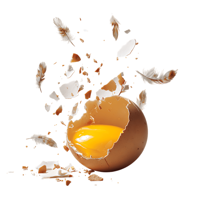 Broken egg yolk with feathers