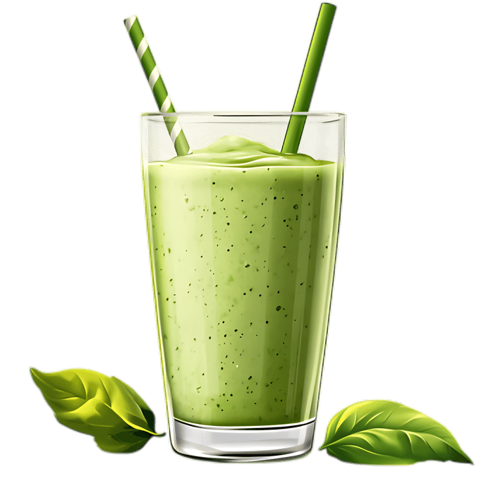 Refreshing green smoothie in a glass with straws.