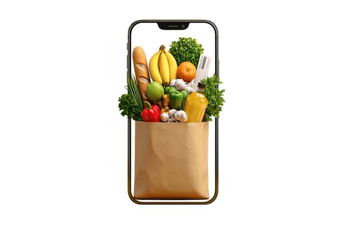 Smartphone screen showing a grocery bag full of fresh produce and goods.