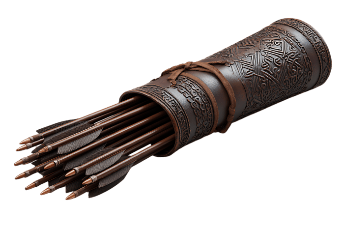 Ornate leather quiver filled with medieval arrows