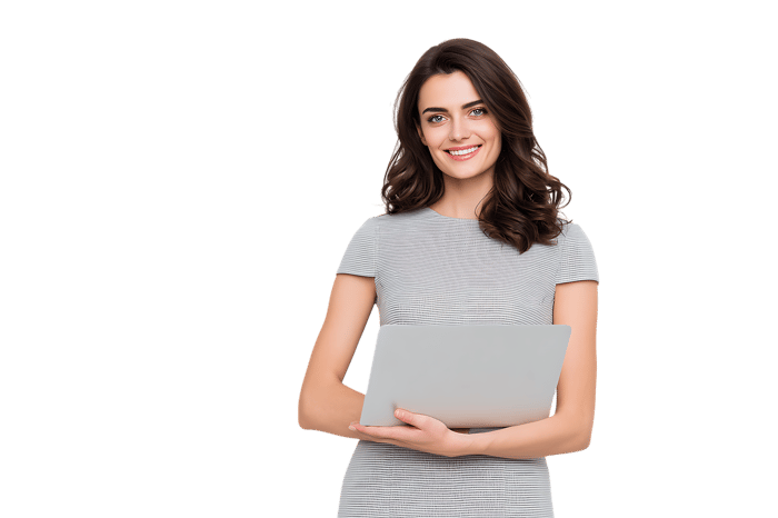 Smiling woman holding a tablet, technology concept
