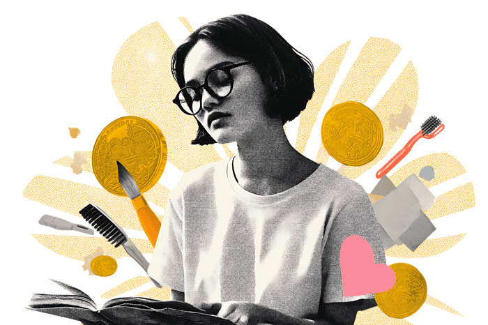 Young woman reading a book with beauty and self care elements.